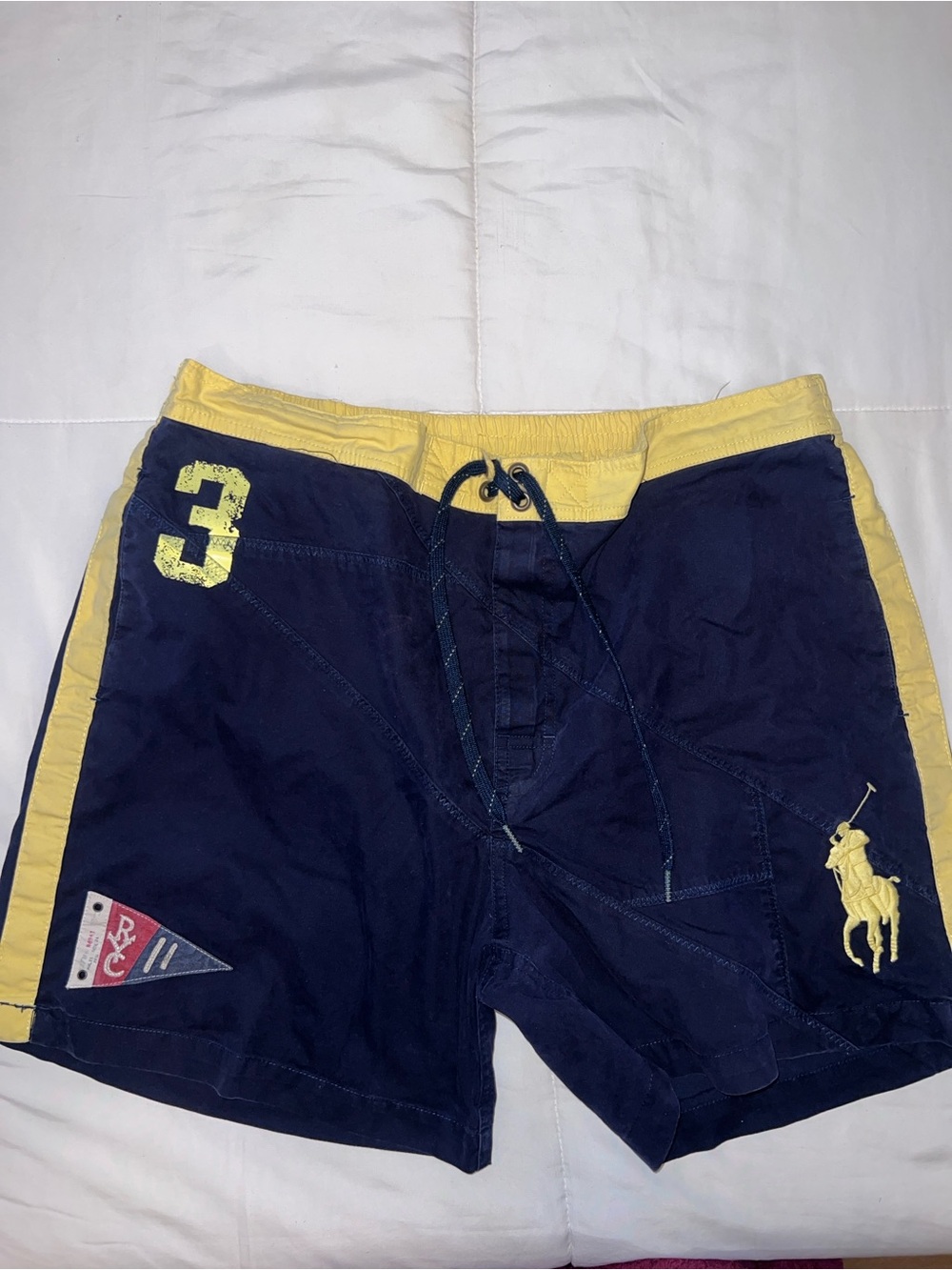 Polo by Ralph Lauren Navy and Yellow Swim Shorts with Number Patch